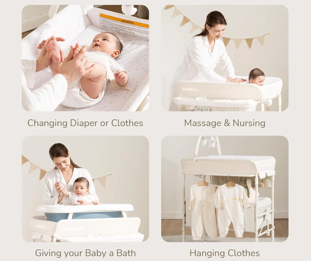 Baby clothing, diapers, and feeding essentials arranged for everyday use.