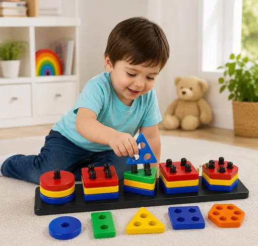 Family organizing useful baby and kids products at home.