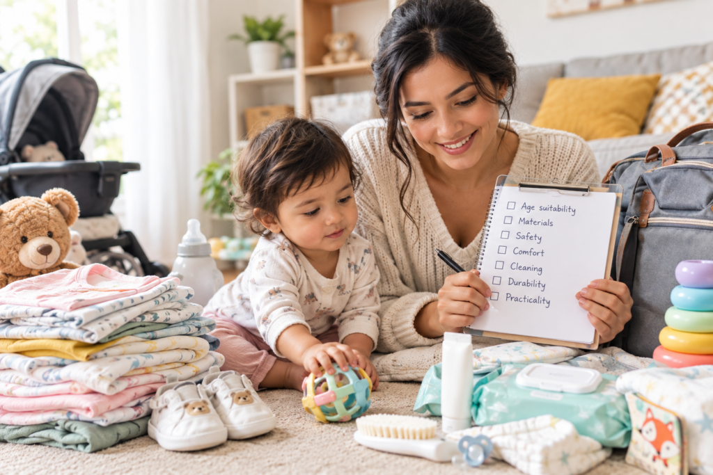 Kids and Baby Products arranged with essential clothing, toys, and feeding supplies.