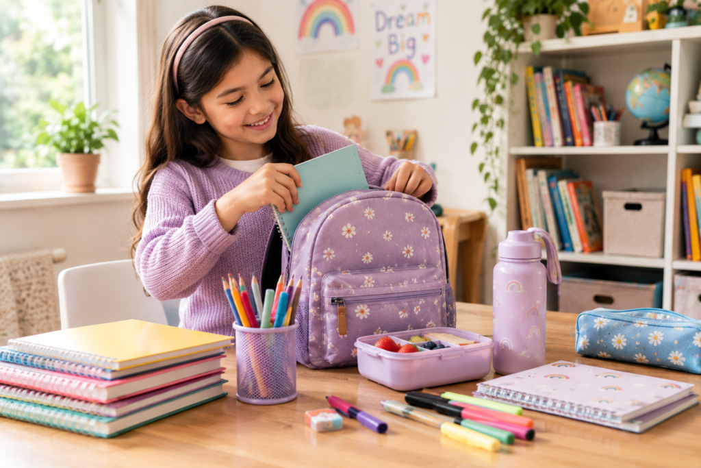 Kids and baby products including clothing, toys, feeding supplies, travel gear, school essentials, and safety items.