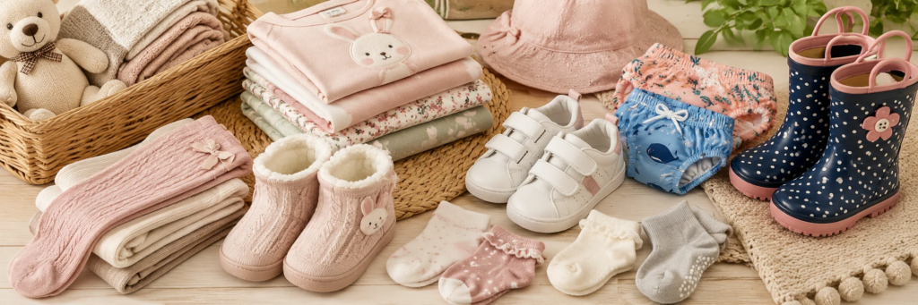 Family organizing useful baby and kids products at home