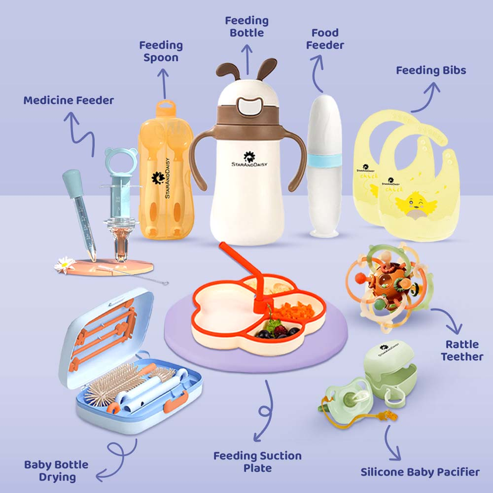 Children’s travel essentials including a stroller, backpack, and water bottle.